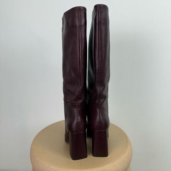 Zara Women’s Oxblood Burgundy Leather Square Toe Below the Knee Block Heel Boot - Picture 8 of 15